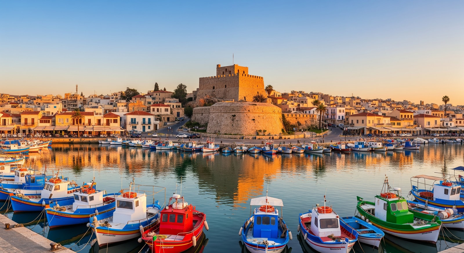 Panoramic view of Limassol old town with medieval castle and colorful fishing boats in the marina