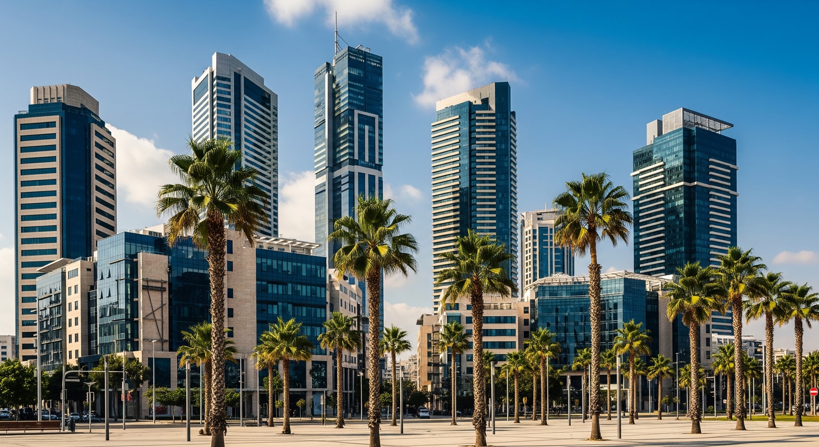 Modern business district of Nicosia with contemporary architecture and palm trees under blue sky