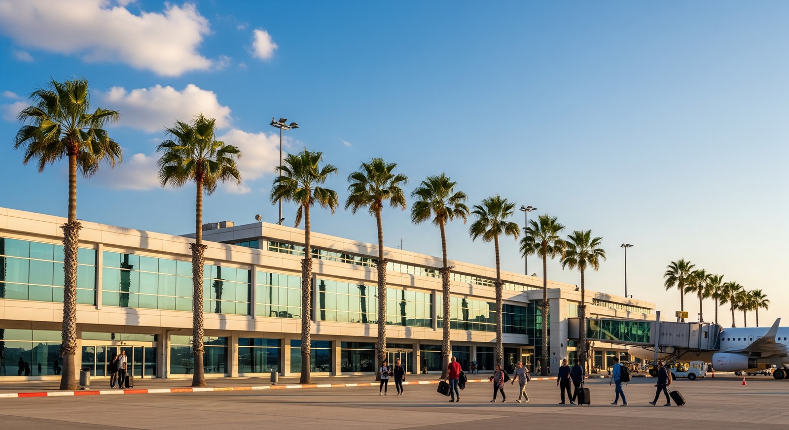 Paphos International Airport terminal building with passengers and palm trees in Mediterranean sunlight
