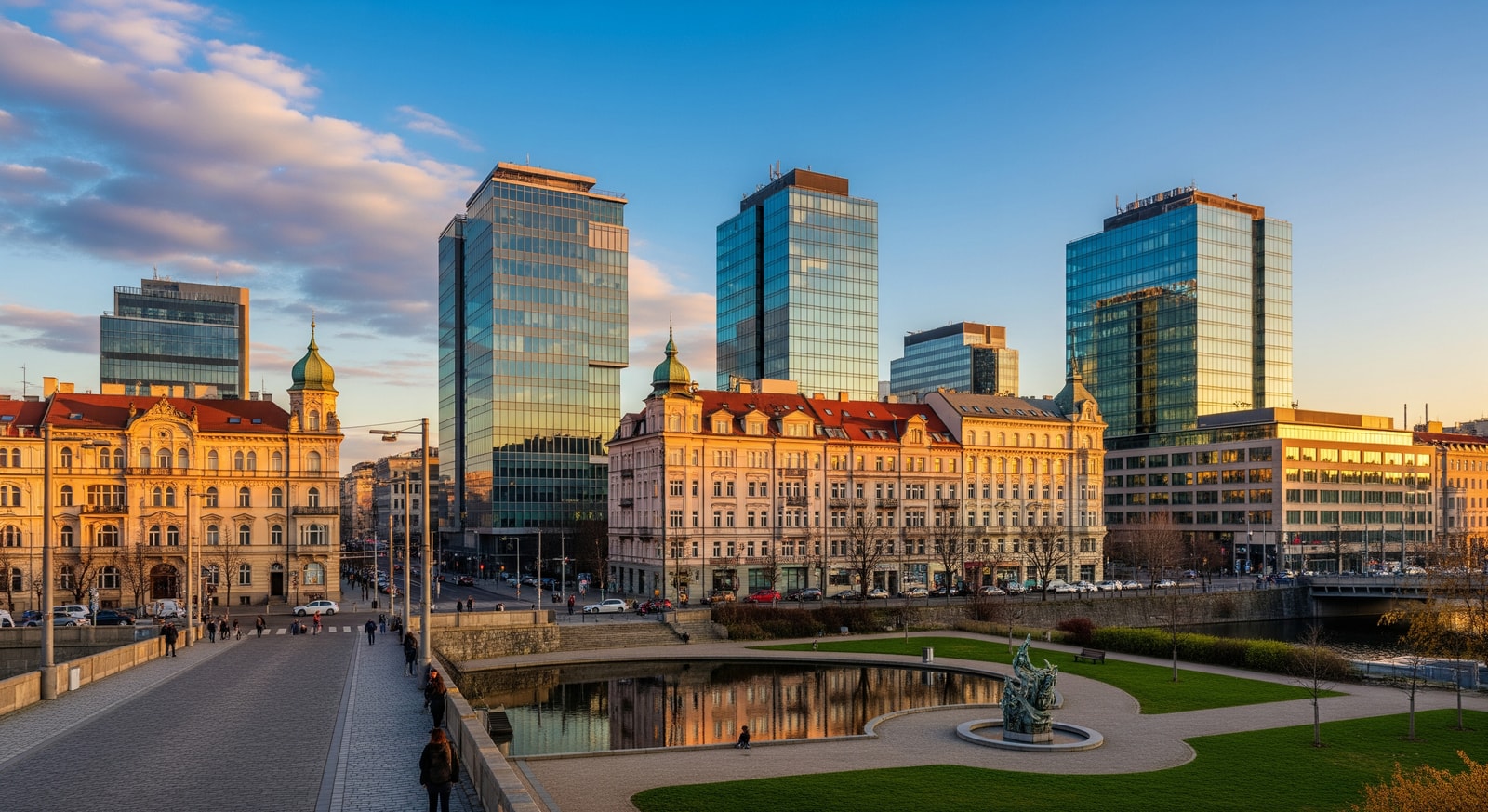 Modern office buildings and historic architecture blending in Prague's Karlin business district