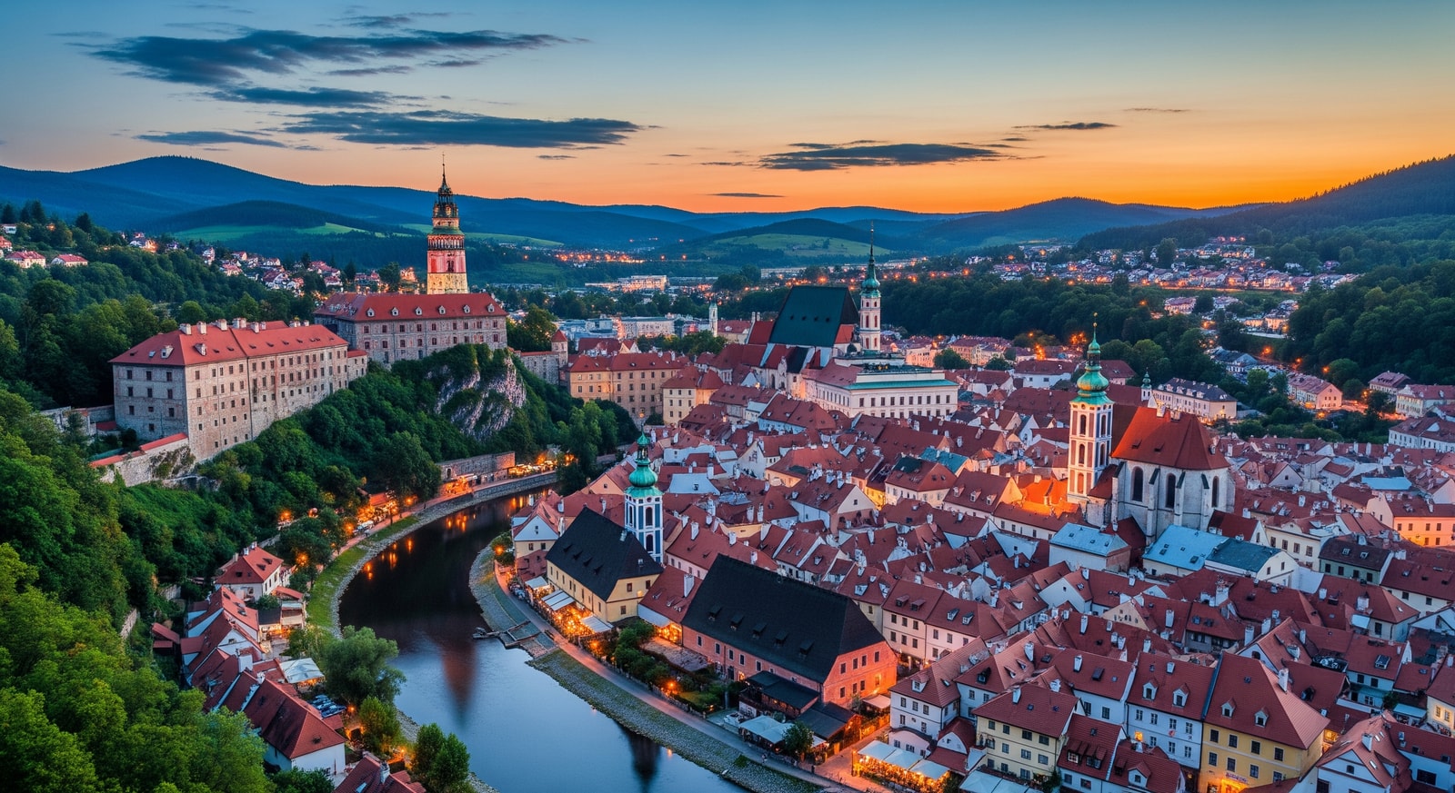 Medieval town of Cesky Krumlov with its iconic castle tower overlooking the winding Vltava River