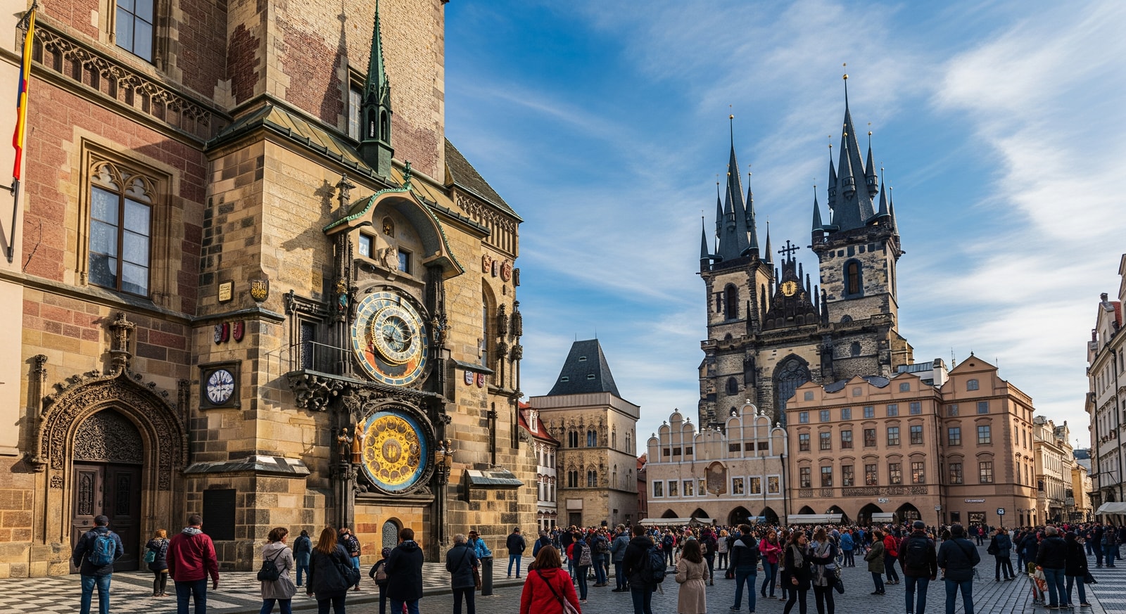 Astronomical Clock and Gothic towers of Prague Old Town Square with tourists gathering below