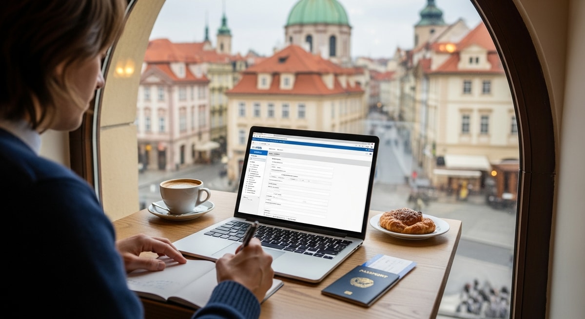 Traveler completing visa application on laptop in a Prague cafe with historic architecture visible through the window