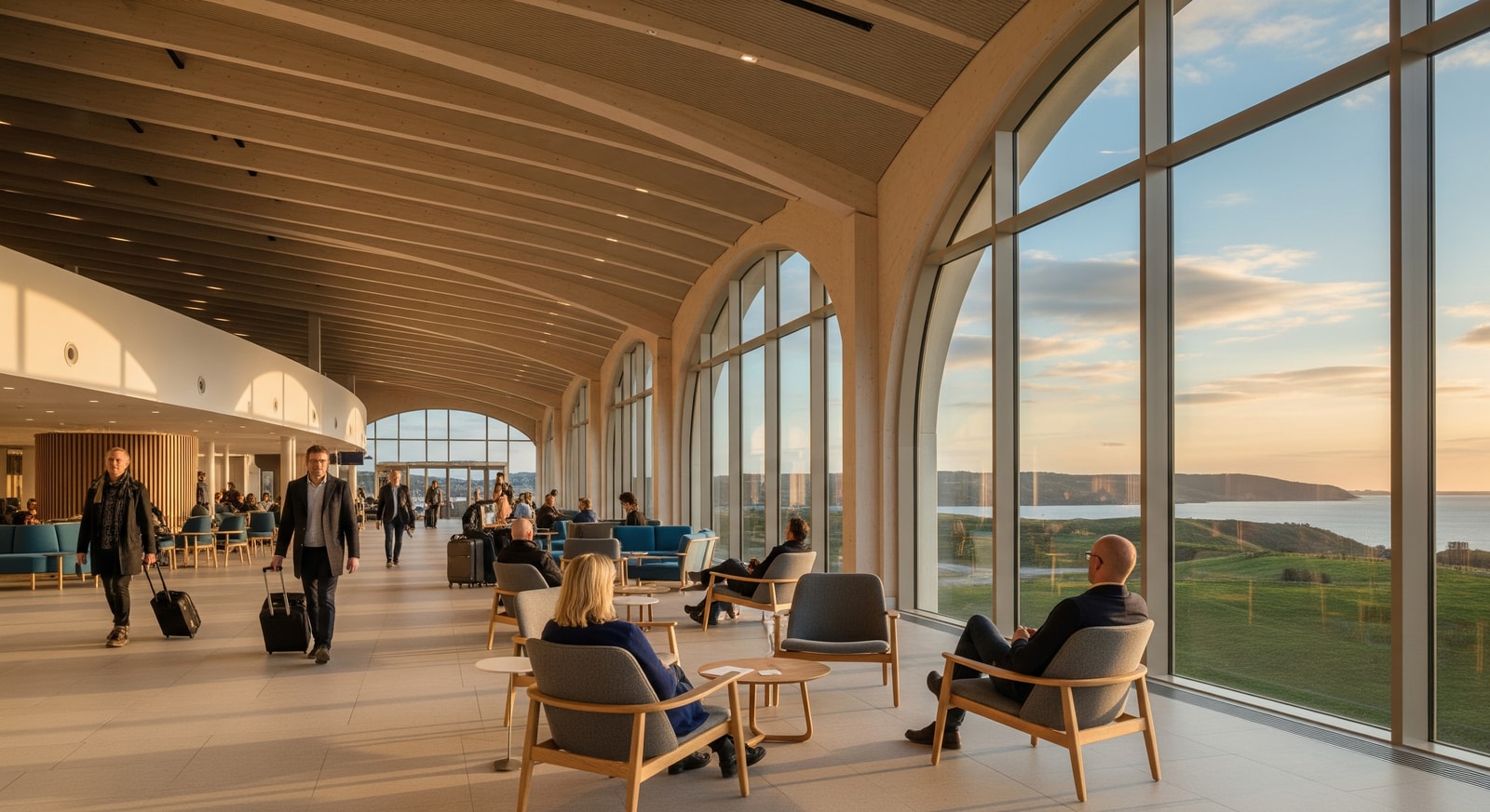 Modern Copenhagen Airport terminal interior with travelers and Scandinavian design elements