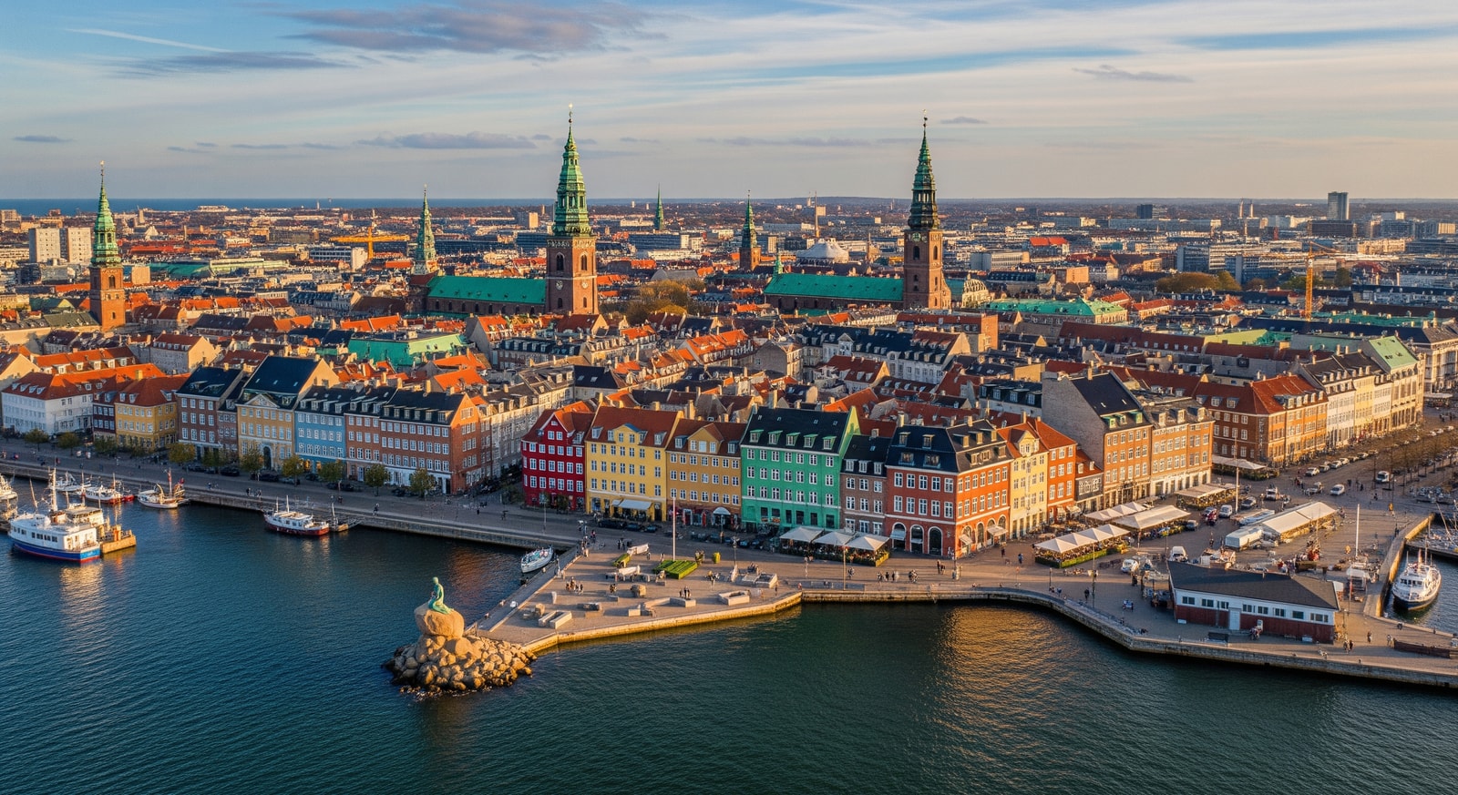 Aerial view of Copenhagen with colorful rooftops, church spires, and the Little Mermaid statue area