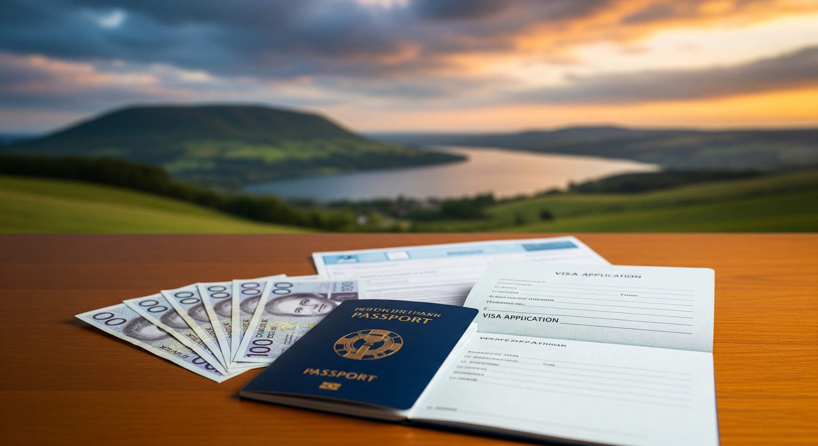 Travel documents including passport, visa application, and Danish kroner currency on wooden desk