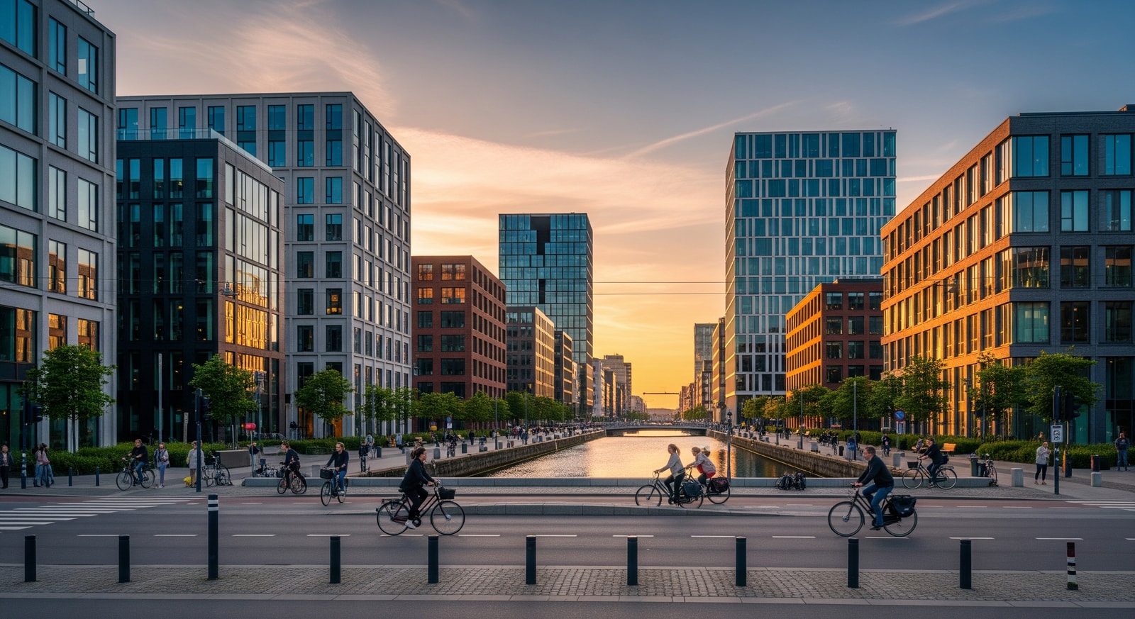 Modern Copenhagen office district with cyclists and contemporary Danish architecture
