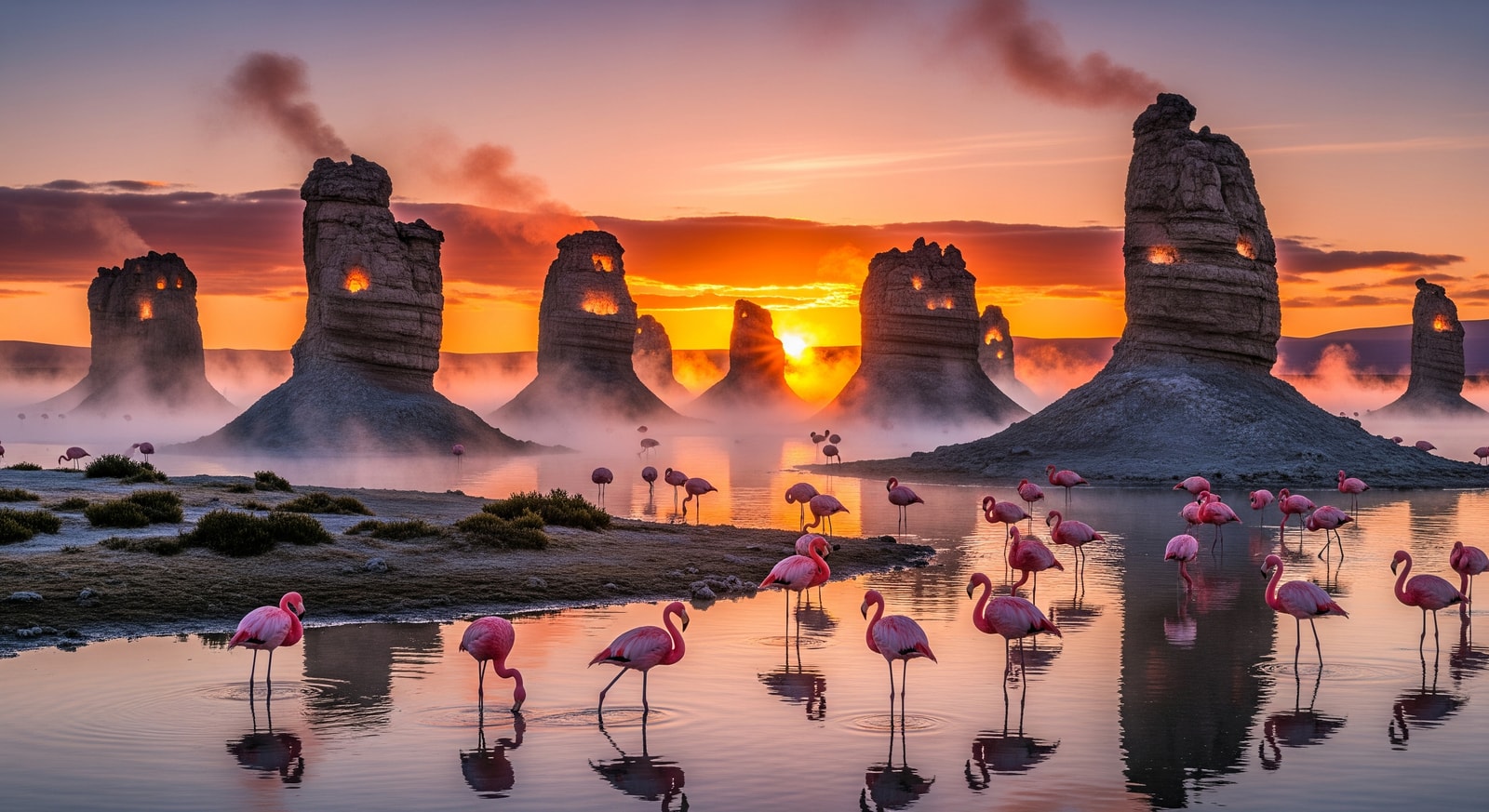 Otherworldly limestone chimneys releasing steam at Lac Abbe with flamingos in foreground at sunrise