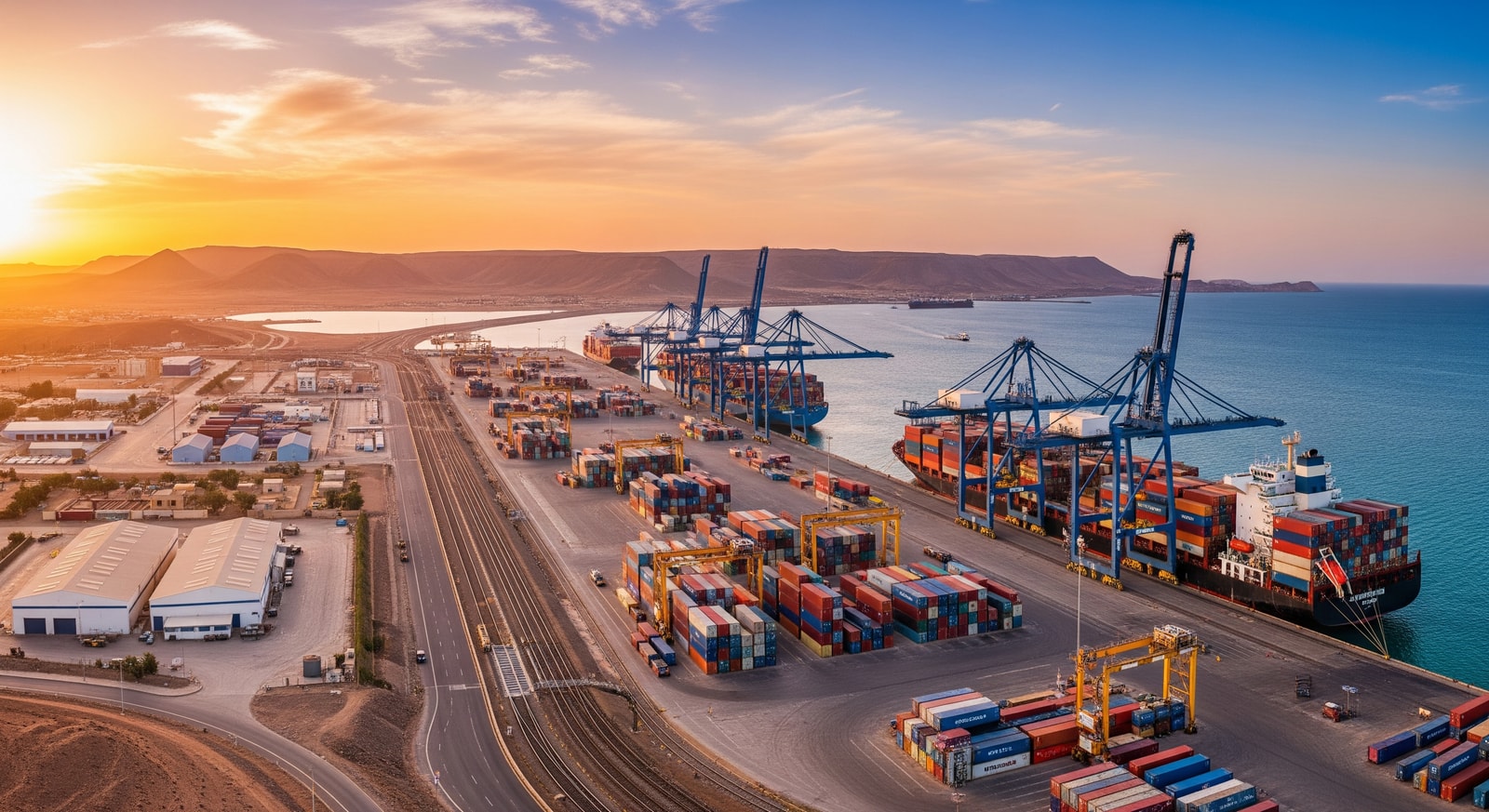 Container ships and cargo operations at the Port of Djibouti with modern infrastructure