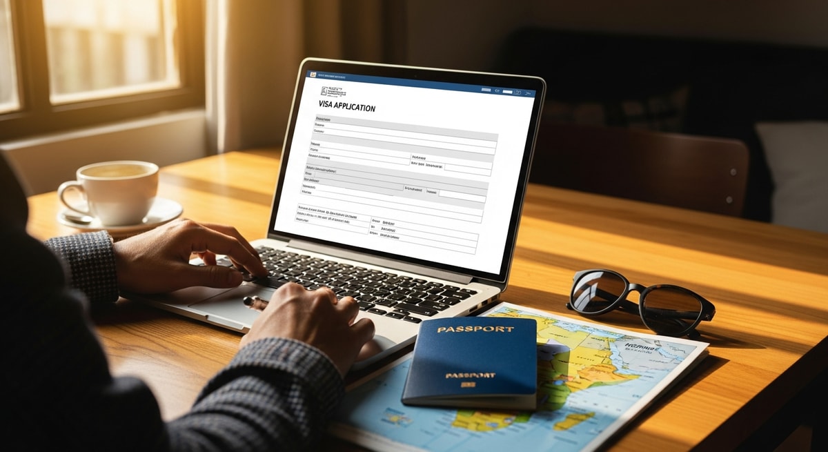 Traveler planning Djibouti adventure with passport and laptop showing visa application