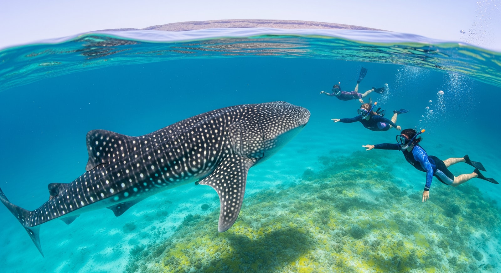 Whale shark swimming in crystal clear waters of the Gulf of Tadjoura with snorkelers nearby