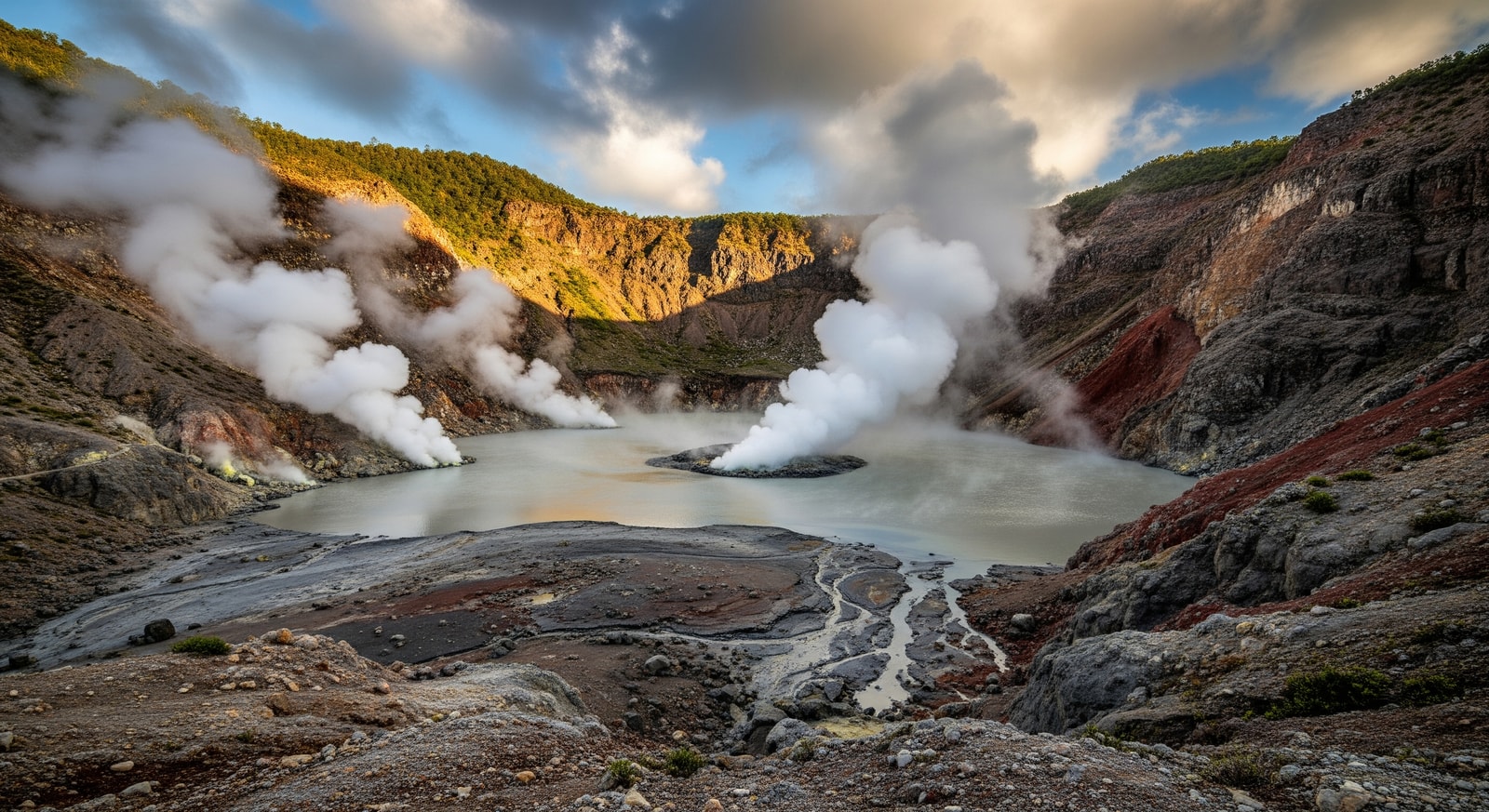 Steam rising from the Boiling Lake surrounded by volcanic terrain in Morne Trois Pitons National Park