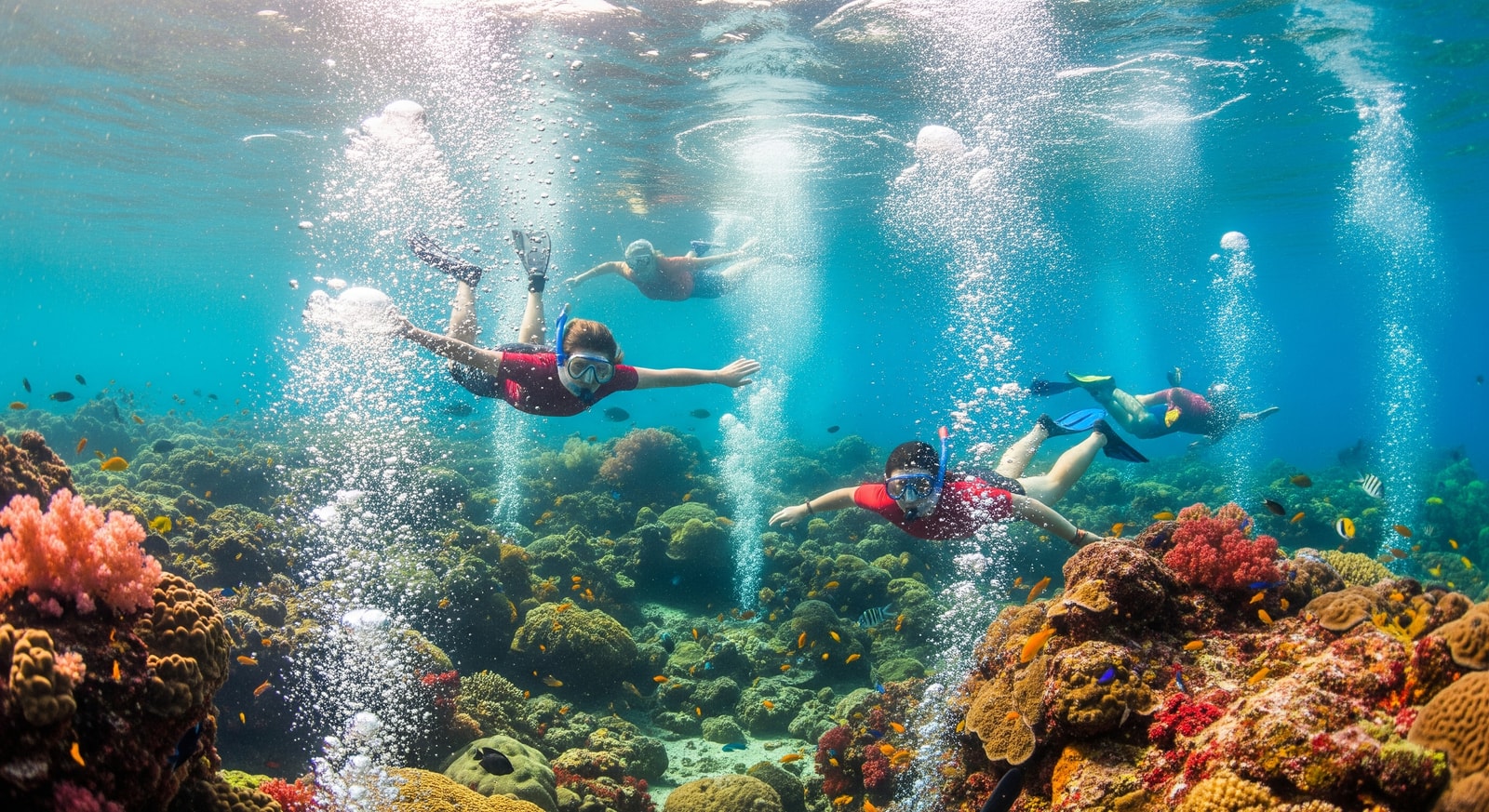Snorkelers enjoying bubbling underwater hot springs at Champagne Reef in Dominica