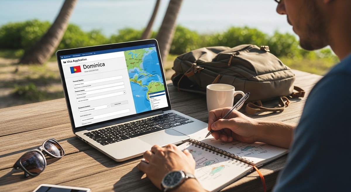 Traveler using laptop to apply for Dominica visa while planning Caribbean adventure