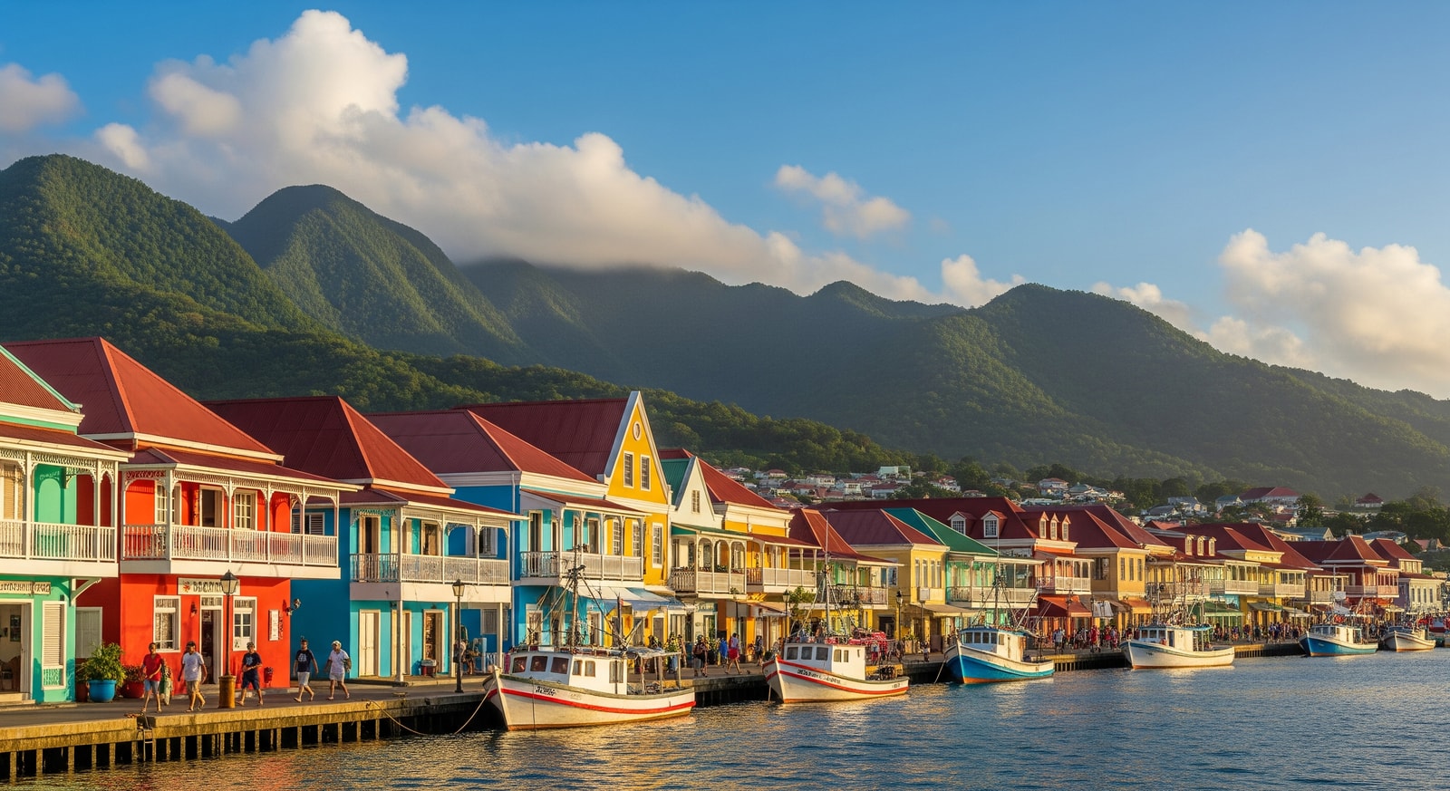 Colorful Caribbean buildings lining the waterfront of Roseau with mountains in the background