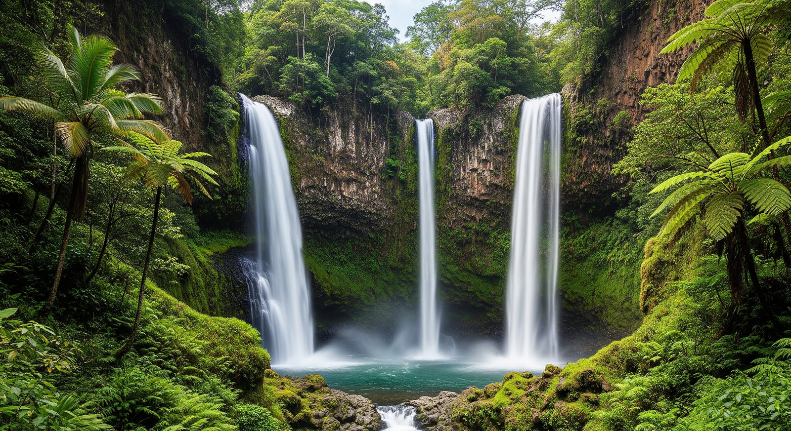 Twin waterfalls cascading down volcanic cliffs at Trafalgar Falls surrounded by tropical vegetation