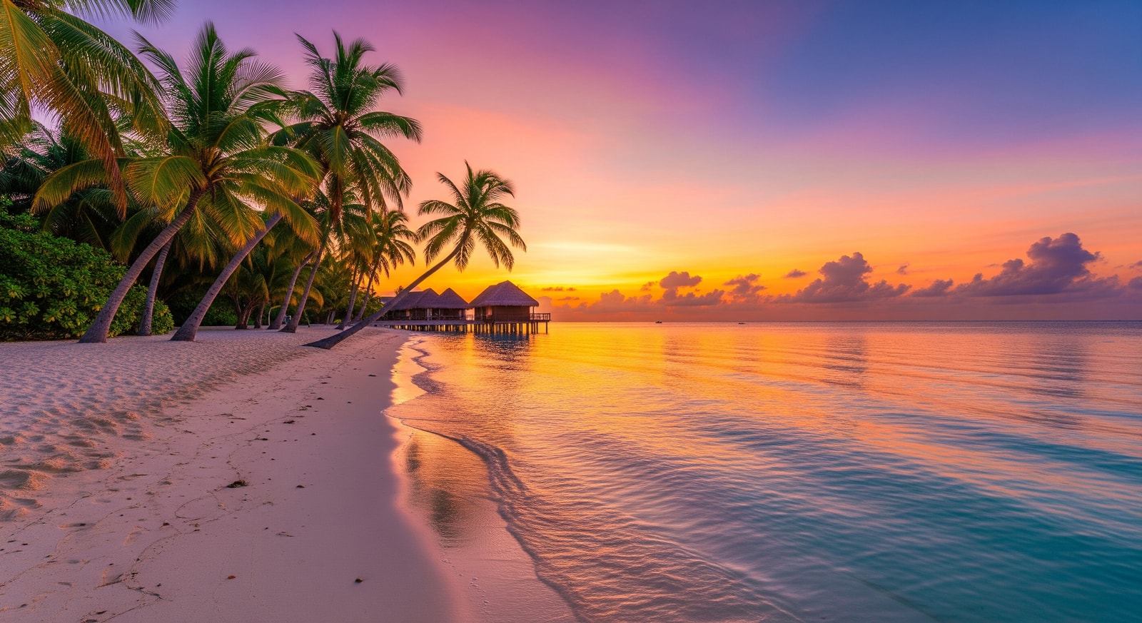 Tropical beach paradise with overwater palm trees and clear Caribbean waters at sunset