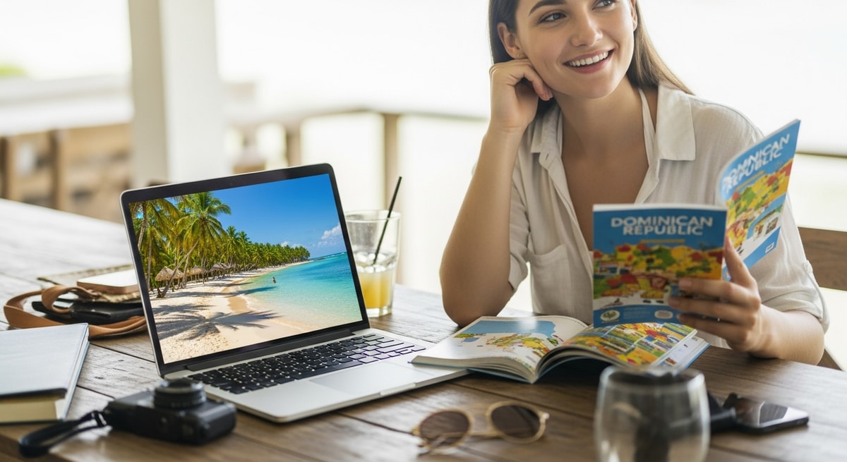 Happy traveler planning Dominican Republic vacation with laptop showing tropical beach scenery
