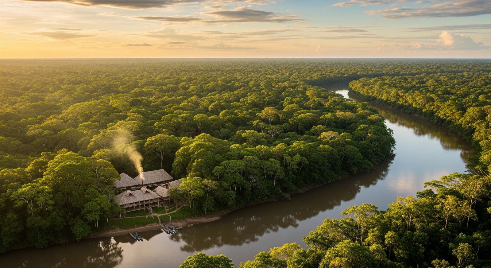 Lush Amazon rainforest canopy with winding river and indigenous community lodge in Ecuador