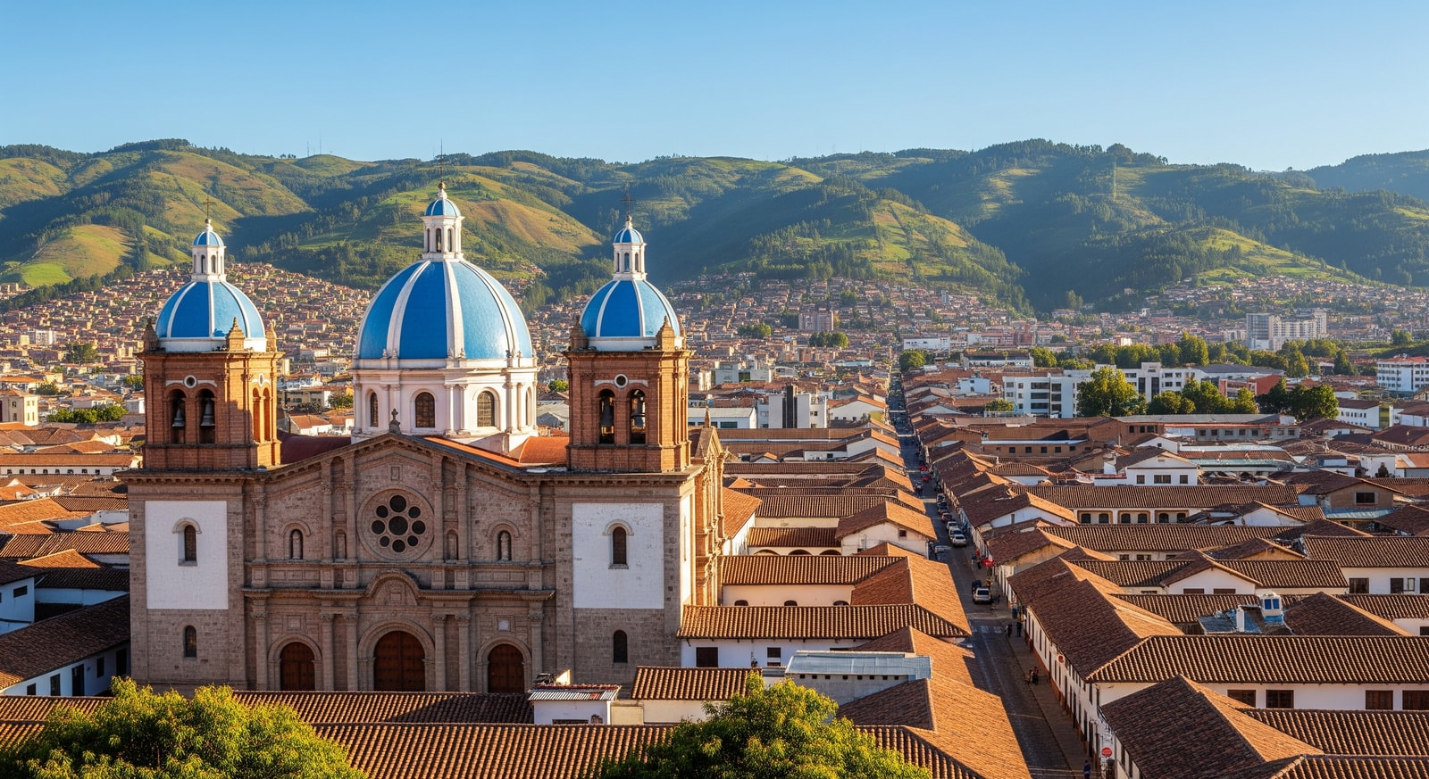 Blue domed Cathedral of Cuenca overlooking the colonial cityscape with surrounding green hills