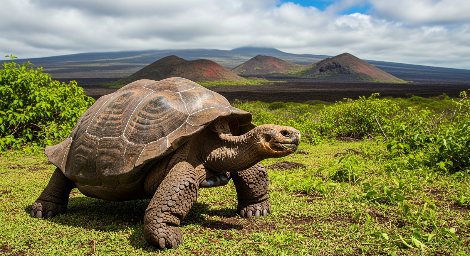 Giant Galapagos tortoise in its natural habitat on Santa Cruz Island with volcanic landscape in background