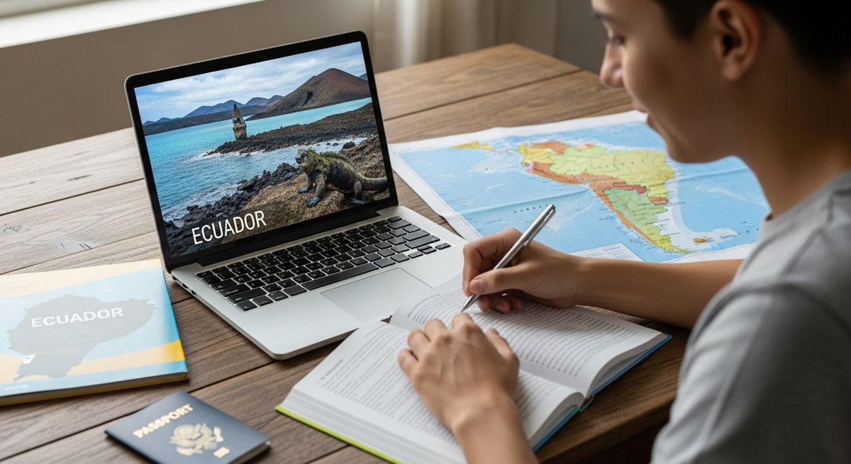 Traveler planning Ecuador trip with laptop showing Galapagos Islands while reviewing travel documents