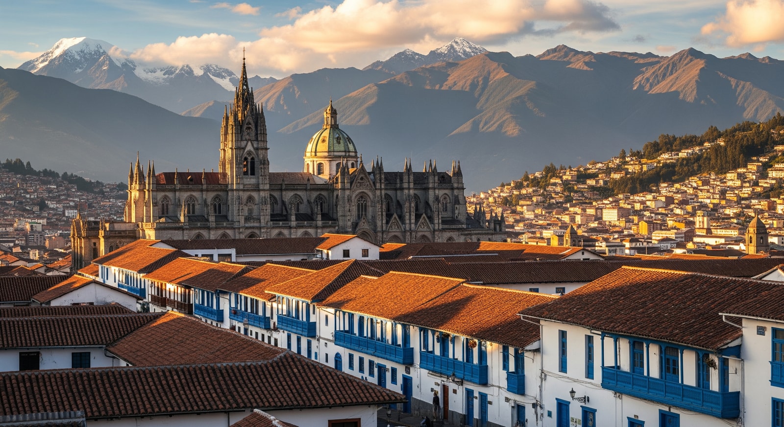 Historic colonial architecture of Quito old town with the Basilica del Voto Nacional and Andes Mountains