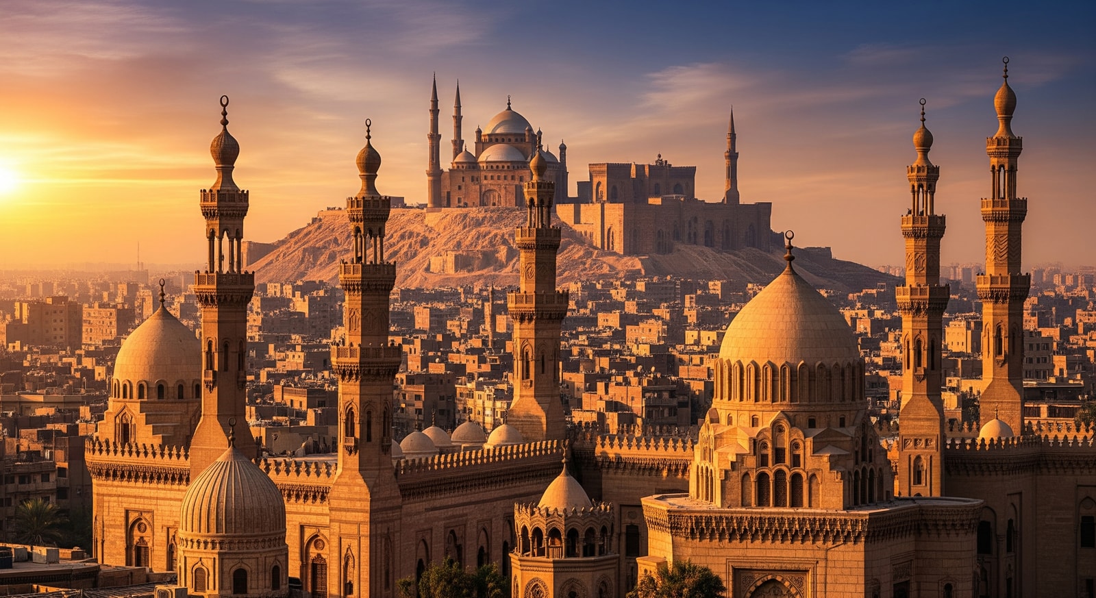Cairo cityscape with historic mosques and minarets against the backdrop of the Citadel