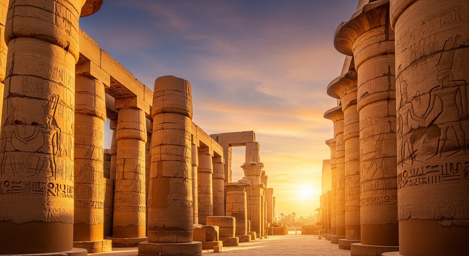 Ancient columns and hieroglyphics at Karnak Temple in Luxor at golden hour