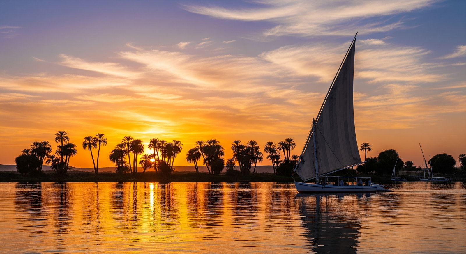 Traditional felucca sailboat on the Nile River at sunset with palm trees silhouetted