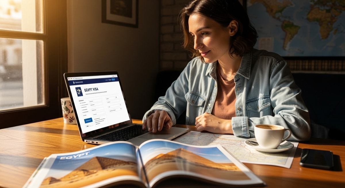Traveler using laptop to apply for Egypt visa while planning trip to ancient sites