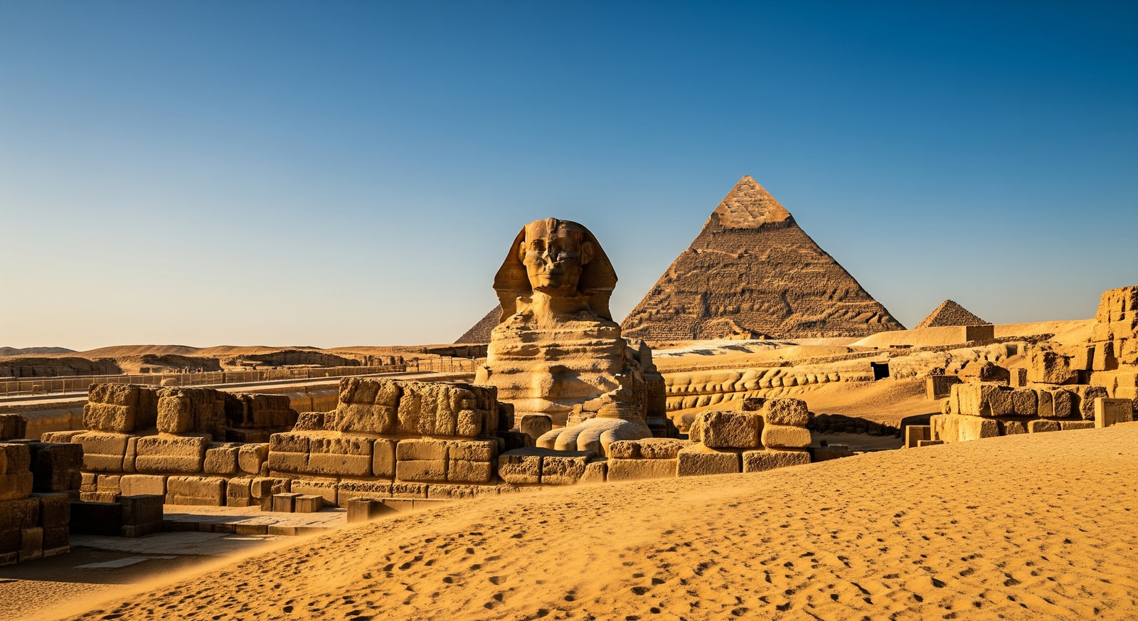 The Great Pyramid of Giza with the Sphinx in foreground under clear blue Egyptian sky