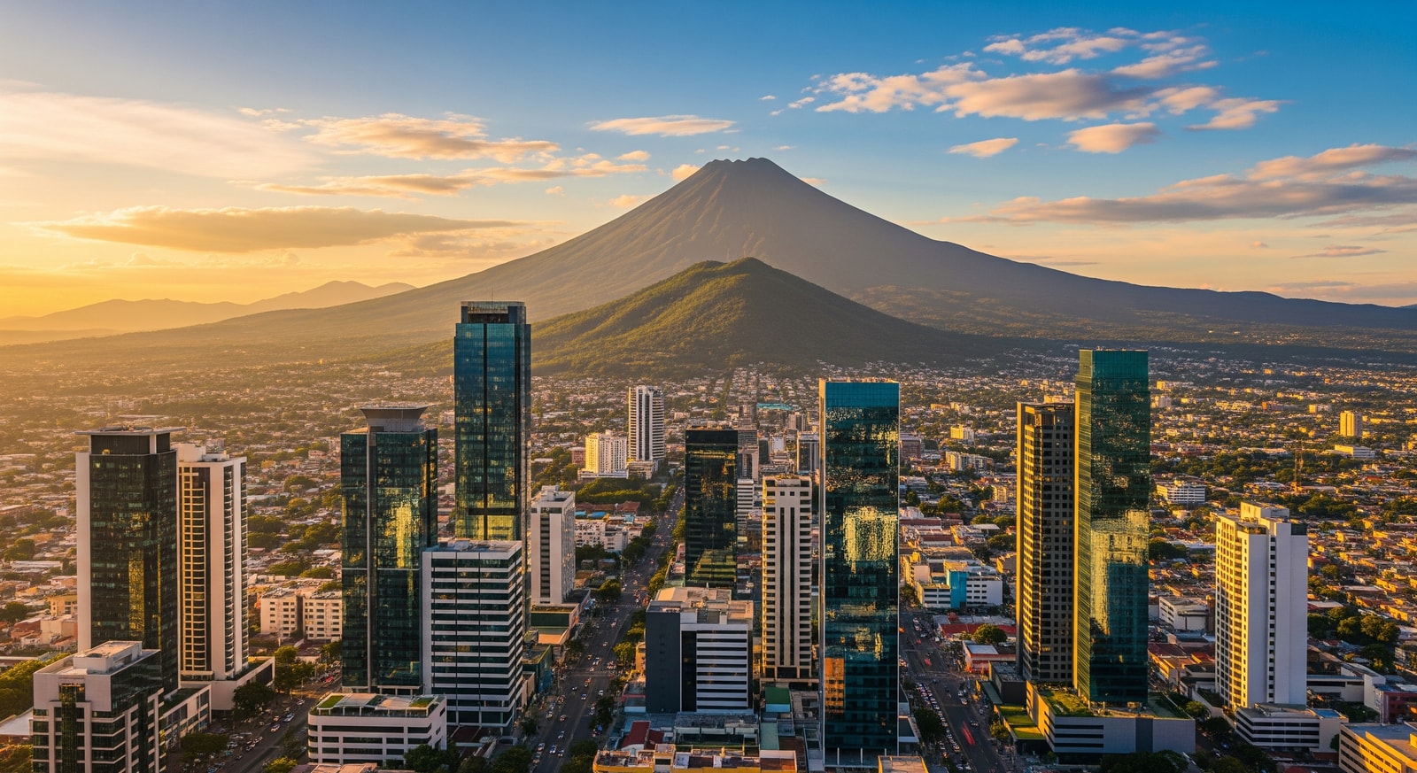 San Salvador cityscape with volcanic mountains and modern buildings in El Salvador