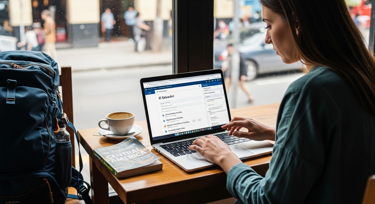 Traveler using laptop to apply for El Salvador visa while researching Central American destinations