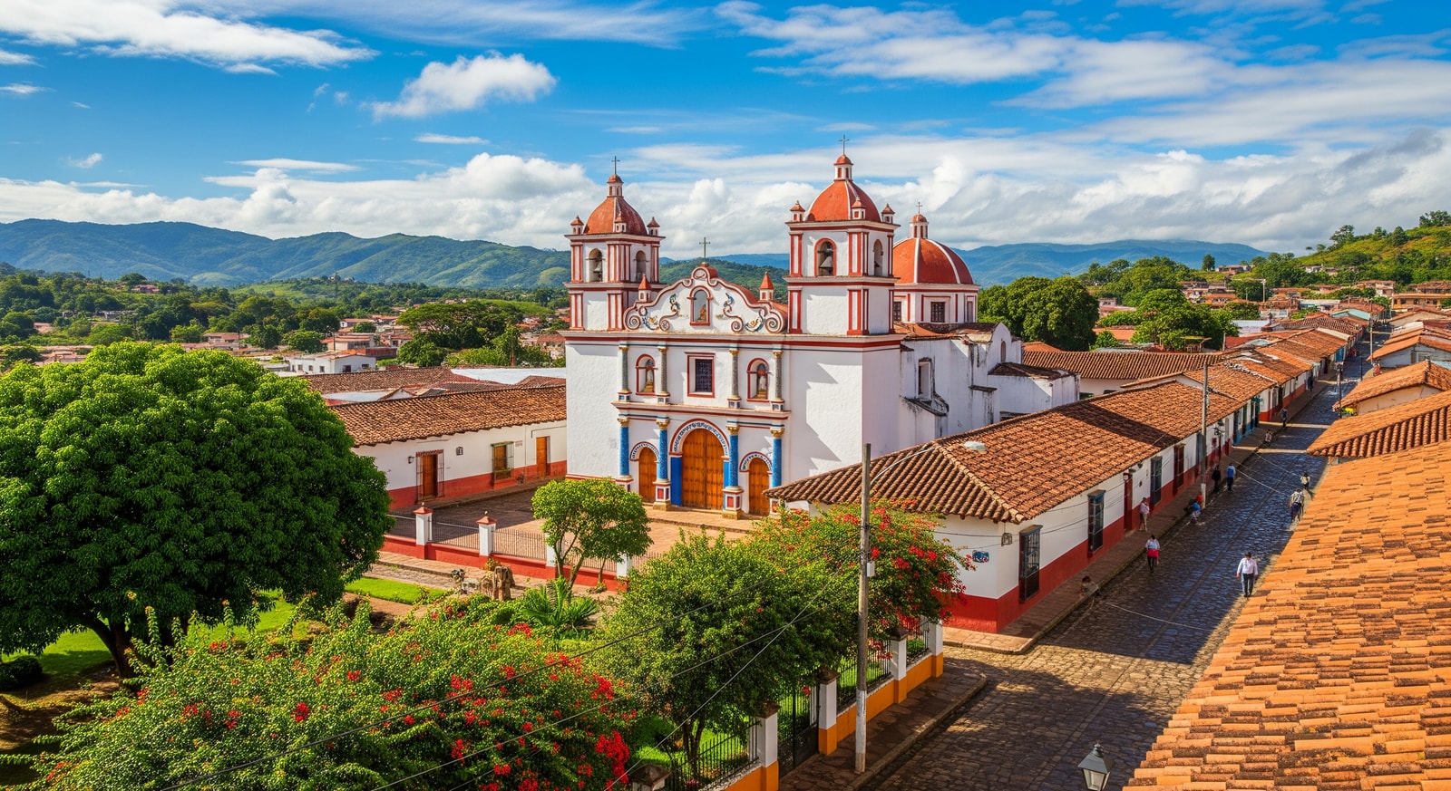 Colorful colonial church and cobblestone streets in Suchitoto El Salvador