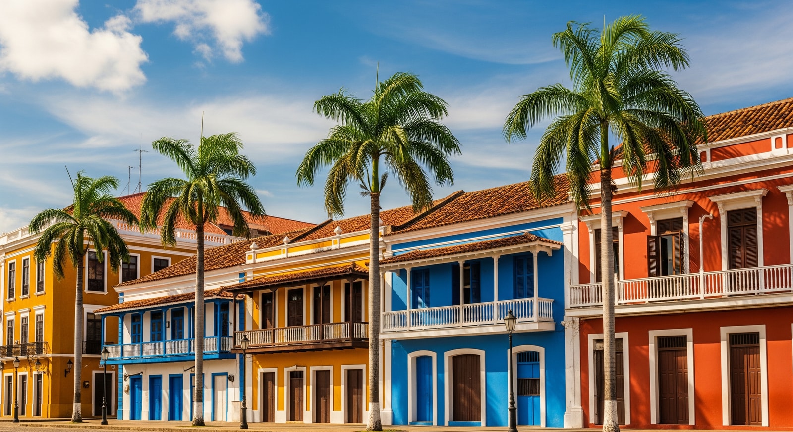 Colonial Spanish architecture in Malabo city center with palm trees and colorful buildings
