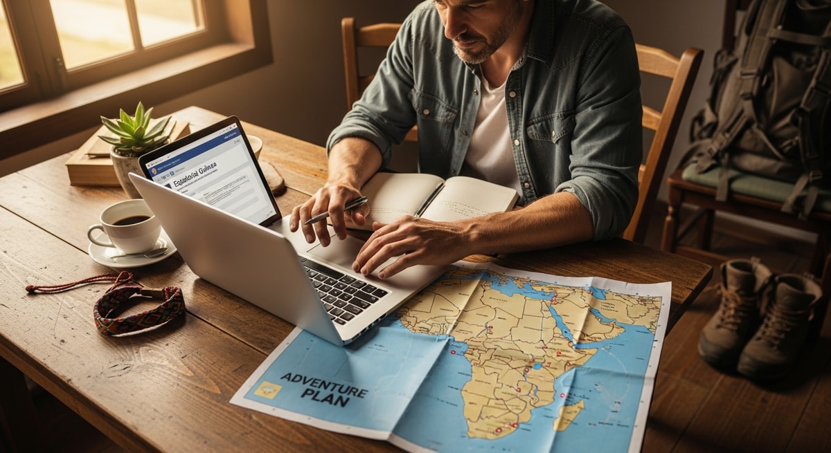 Traveler using laptop to apply for Equatorial Guinea visa while planning their African adventure