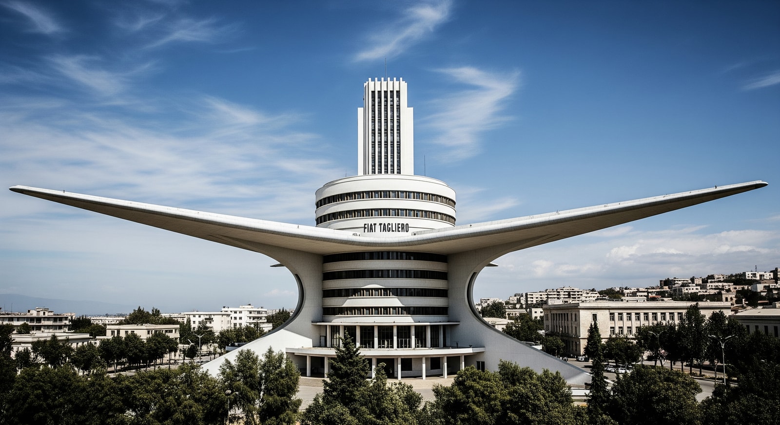 The iconic Fiat Tagliero building in Asmara showcasing futuristic Art Deco architecture with cantilevered wings