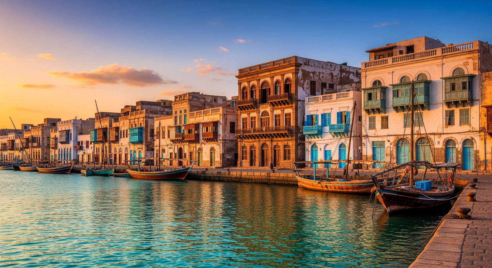 Historic Ottoman and Italian colonial buildings along the waterfront of Massawa old town