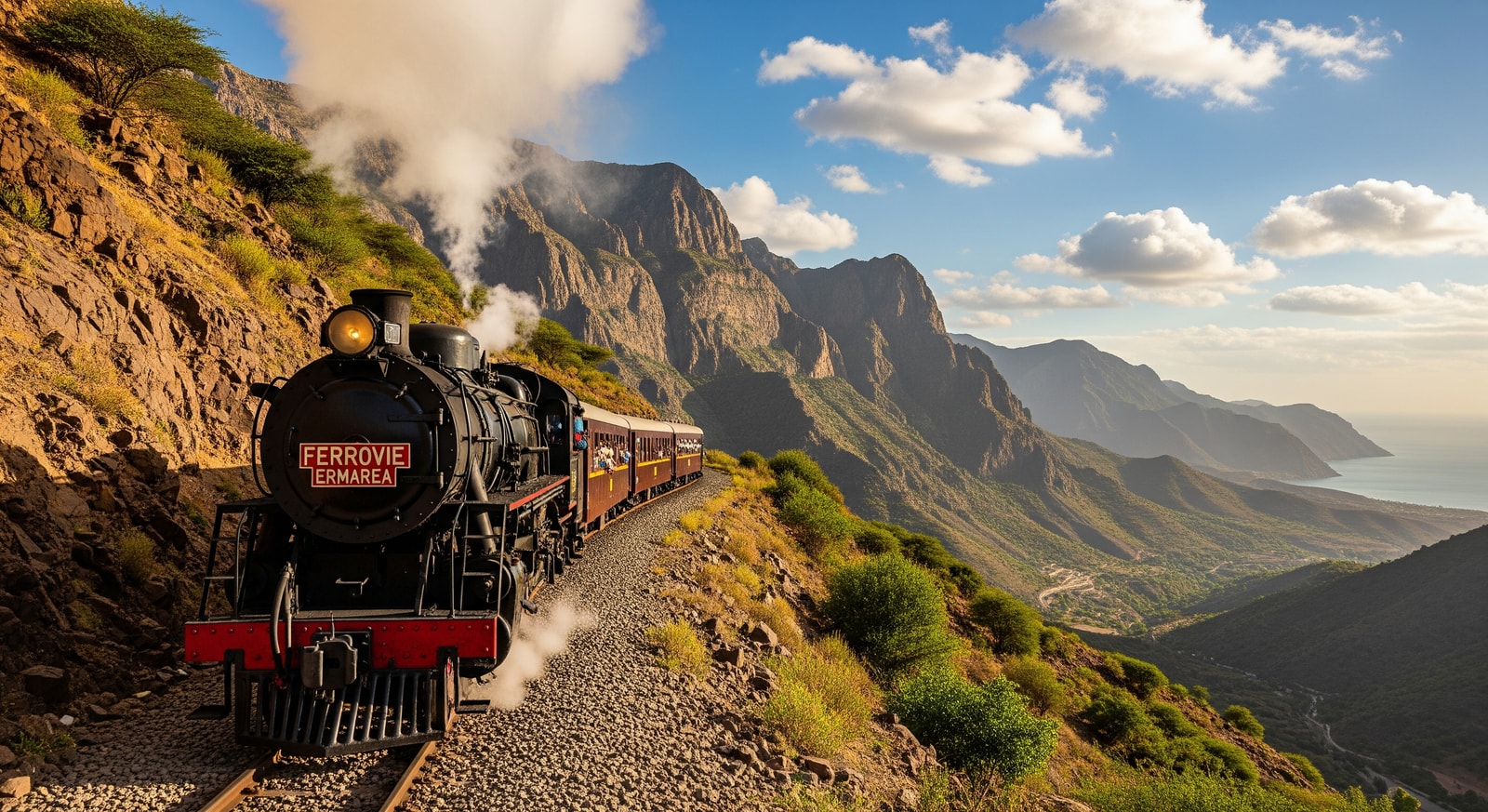 Historic Italian-built steam train traveling along the scenic mountain railway between Asmara and Massawa