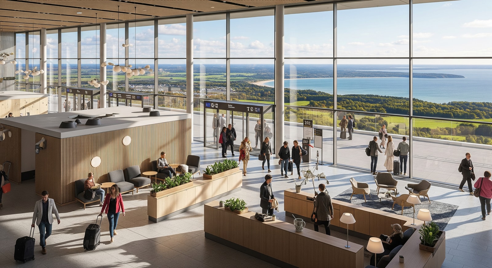 Modern interior of Tallinn Lennart Meri Airport terminal with travelers and Estonian design elements