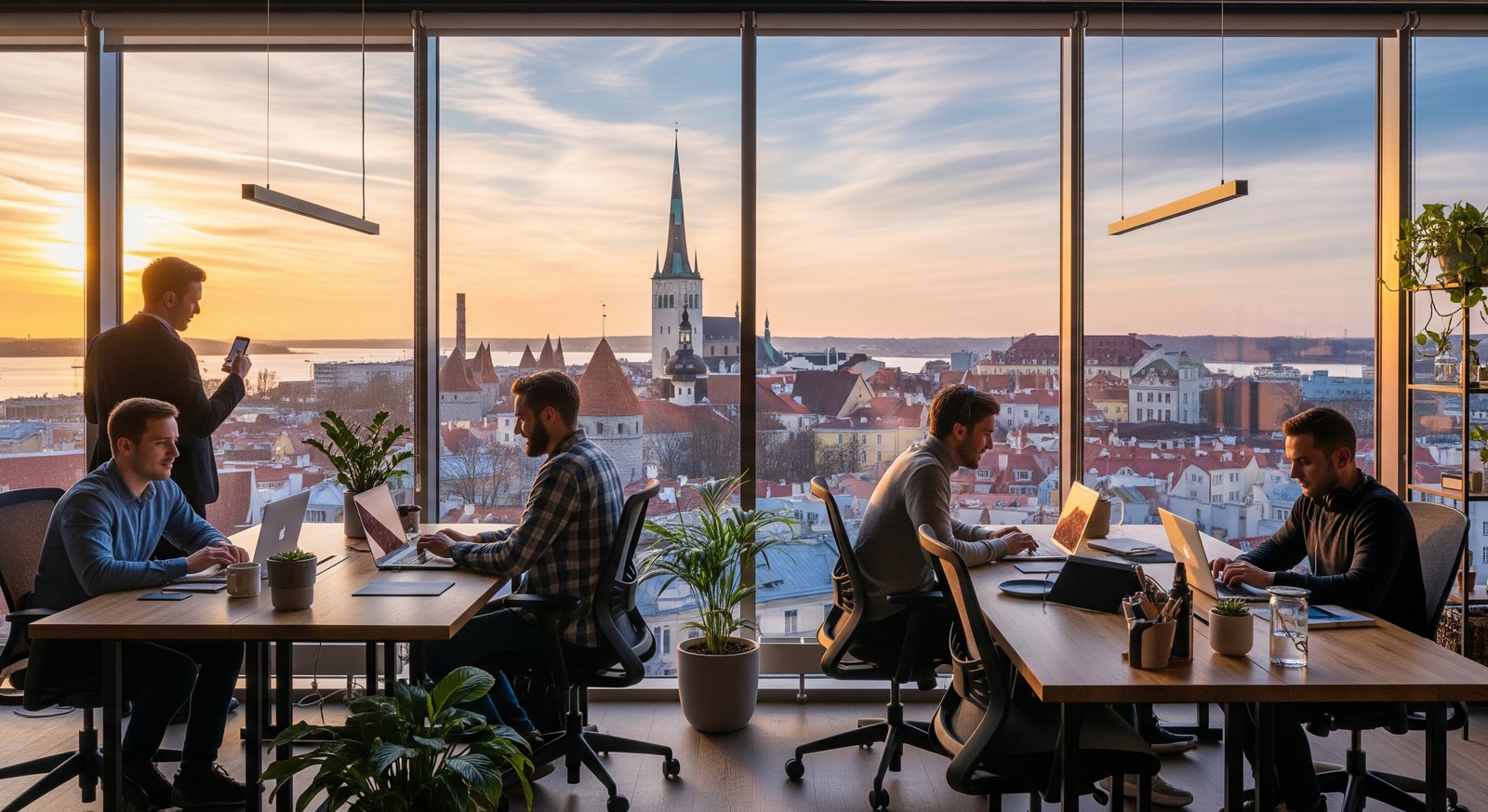 Modern coworking space in Tallinn with digital nomads working on laptops with city view