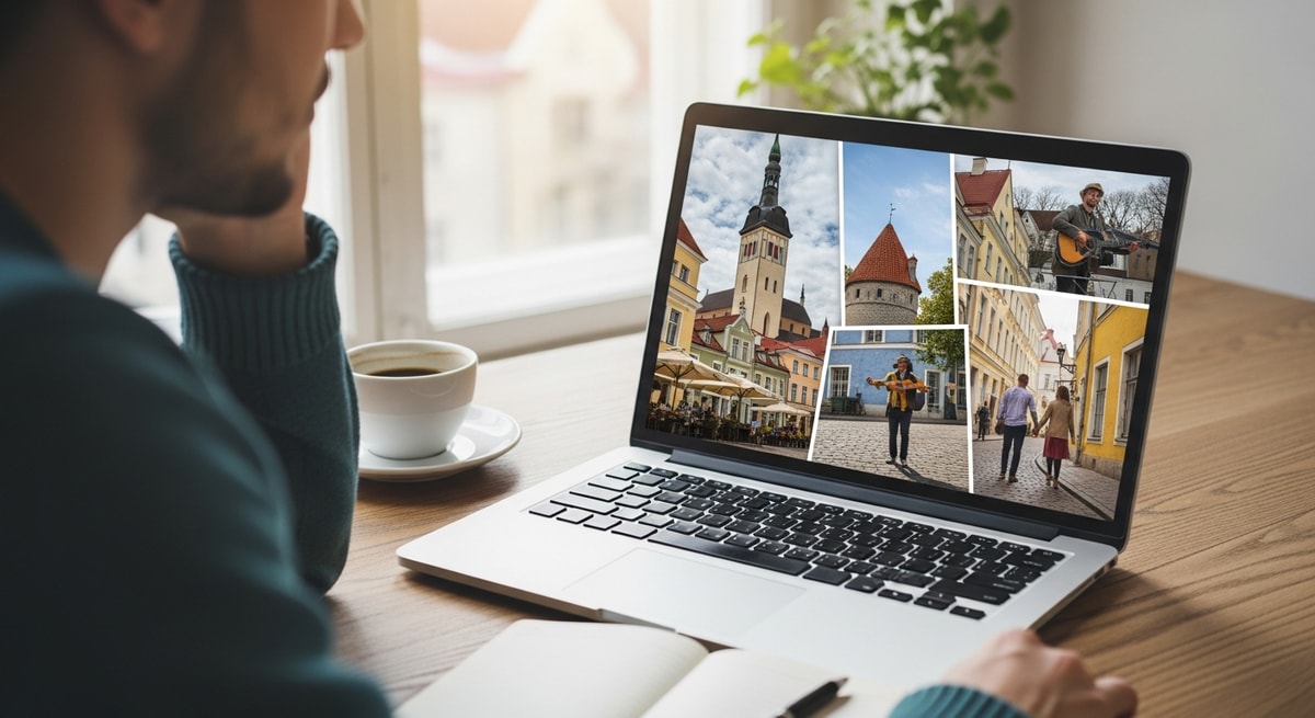 Traveler planning Estonia trip with laptop showing Tallinn medieval architecture