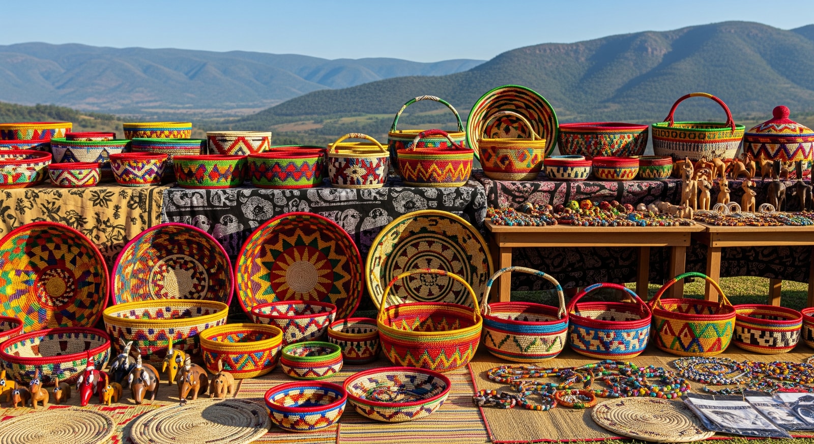 Colorful handwoven Swazi baskets and crafts displayed at local market in Ezulwini Valley