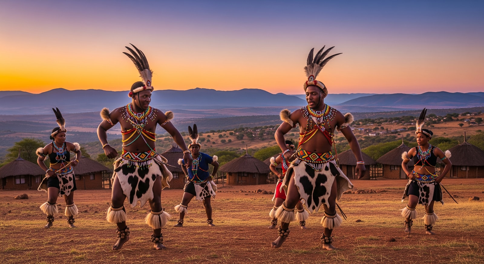 Traditional Swazi dancers performing at cultural ceremony wearing colorful ceremonial attire