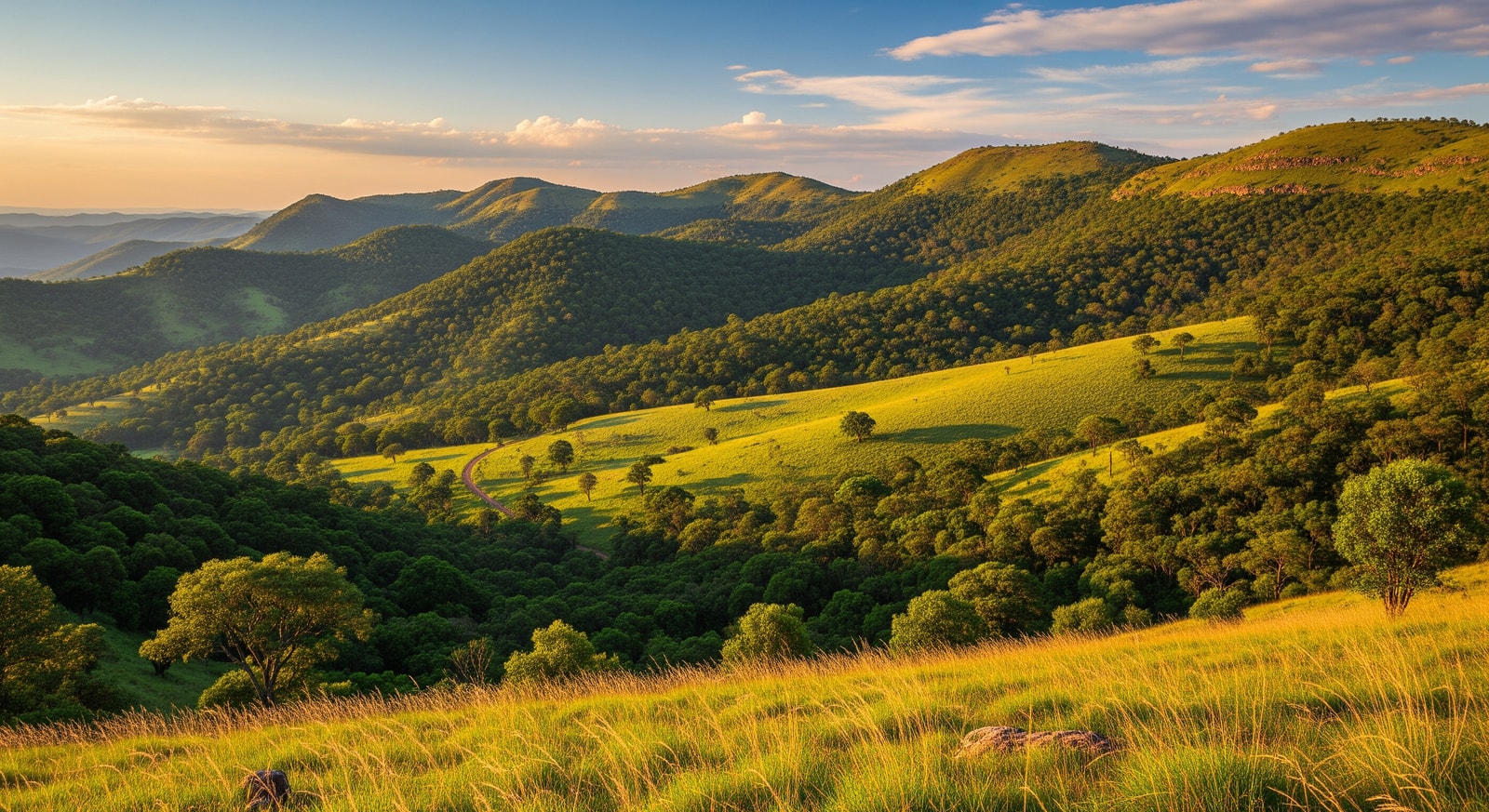 Panoramic view of Malolotja Nature Reserve mountains with indigenous forest and grasslands