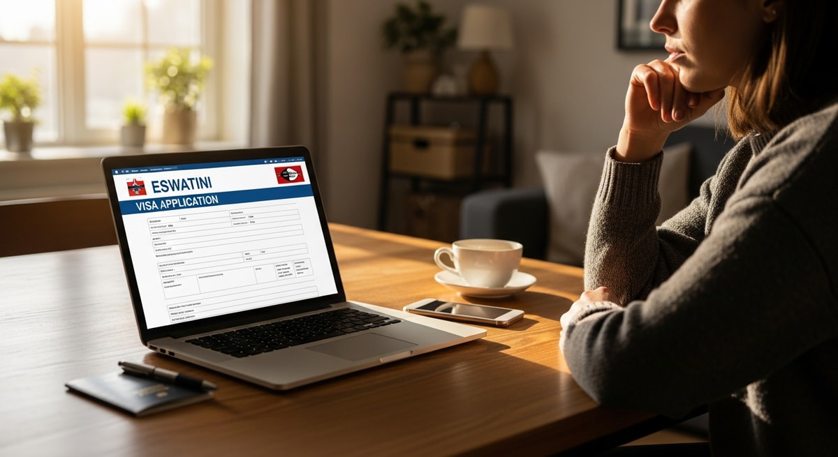 Traveler planning trip to Eswatini with laptop showing visa application form