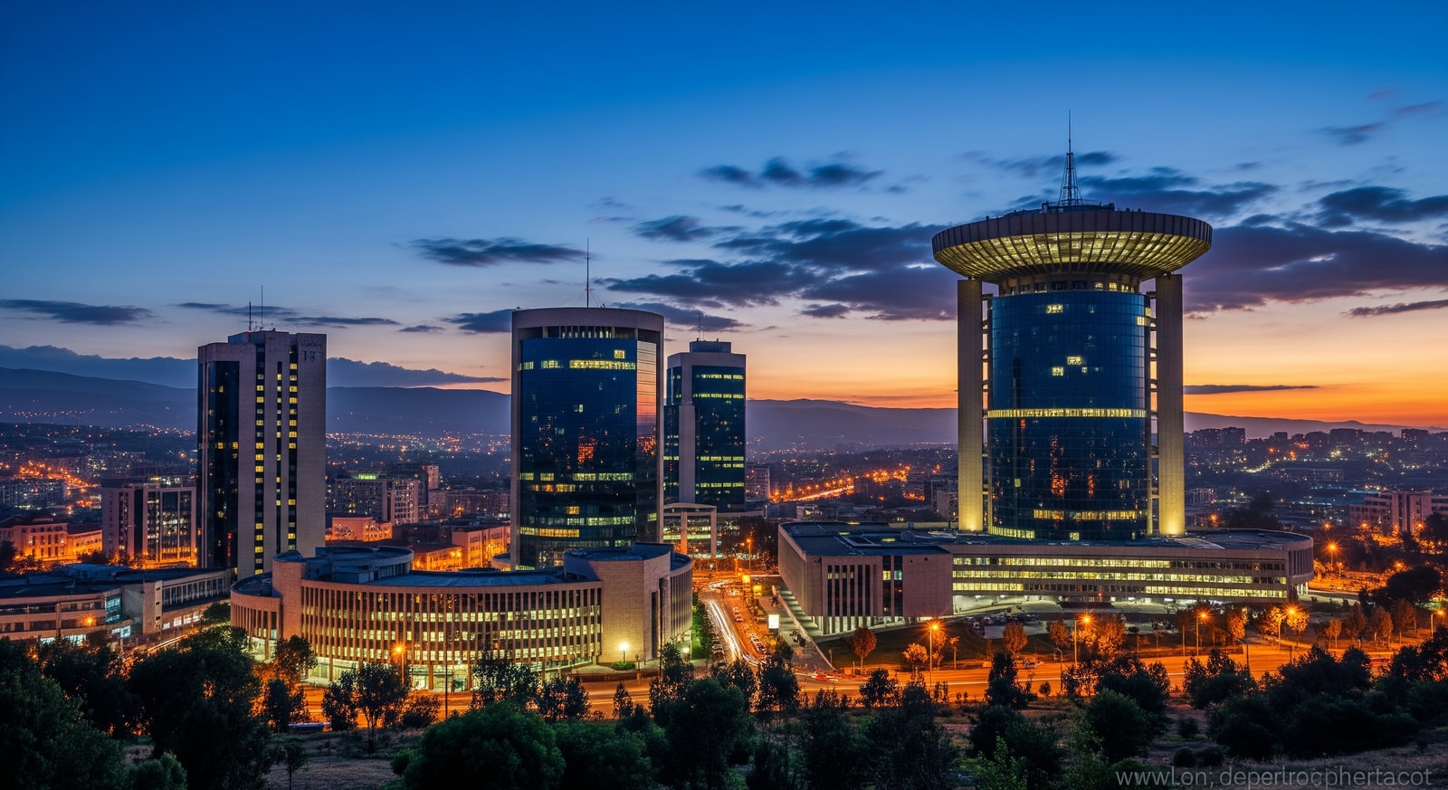 Modern Addis Ababa skyline with African Union headquarters and city lights at dusk