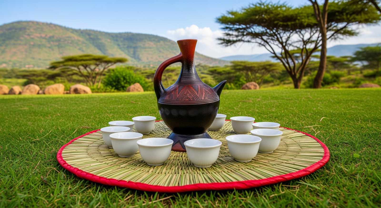 Traditional Ethiopian coffee ceremony with clay jebena pot and white porcelain cups on grass mat