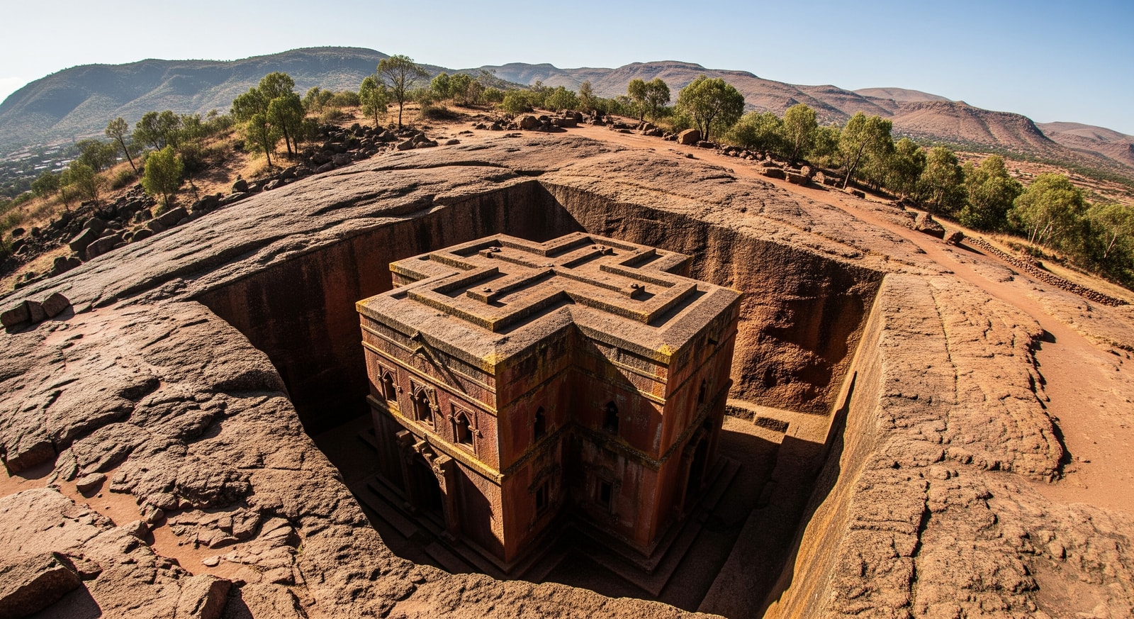 Bet Giyorgis church carved in the shape of a cross into red rock in Lalibela Ethiopia